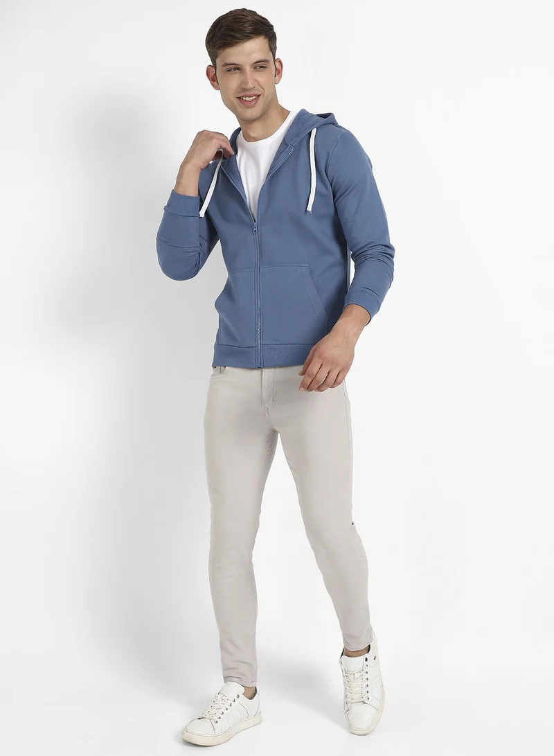 Campus Sutra Men's Azure Blue Zip-Front Hoodie With Contrast Drawstring