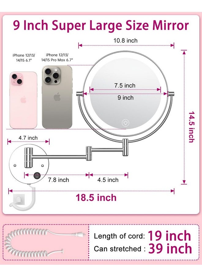 Benbilry Benbilry 9" Lighted Wall Mounted Makeup Mirror with Magnification 10X, 3 Color Lights & Adjustable Brightness, 360° Swivel Large Size LED Vanity Mirror, 10X Magnifying Bathroom Mirror  - Image 2