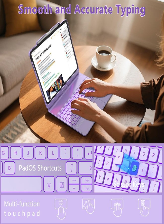 TQQ iPad Air 13 Inch Case Keyboard (M3 2025 / M2 2024), iPad Pro 12.9 (6th, 5th, 4th, 3rd Gen) Keyboard - 360° Rotatable, 7-Color Backlight, Multi-Touch Trackpad, Thin & Light (Purple) - Image 4