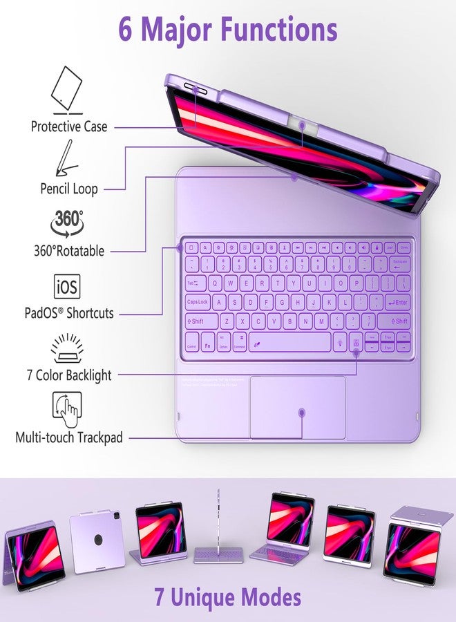 TQQ iPad Air 13 Inch Case Keyboard (M3 2025 / M2 2024), iPad Pro 12.9 (6th, 5th, 4th, 3rd Gen) Keyboard - 360° Rotatable, 7-Color Backlight, Multi-Touch Trackpad, Thin & Light (Purple) - Image 3