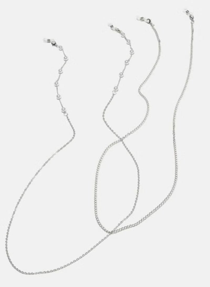 Eyeglasses Chain Holder with Pearl Beads, Silver Metal Necklace Style, Set of 2 - Image 1