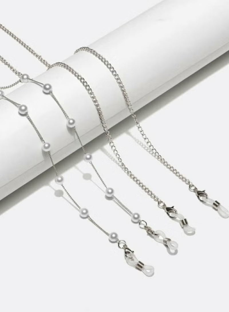 Eyeglasses Chain Holder with Pearl Beads, Silver Metal Necklace Style, Set of 2 - Image 2