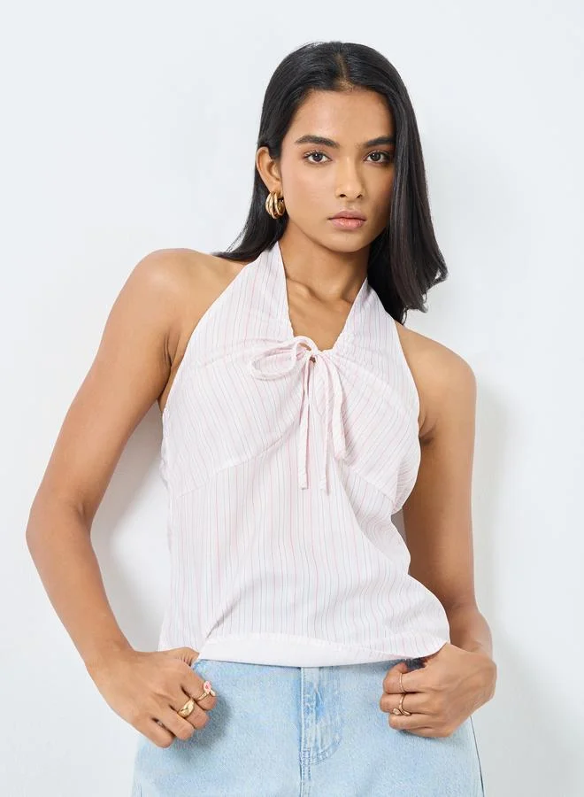 Take Two Take Two Striped Halter Neck Tie Up Detail Top