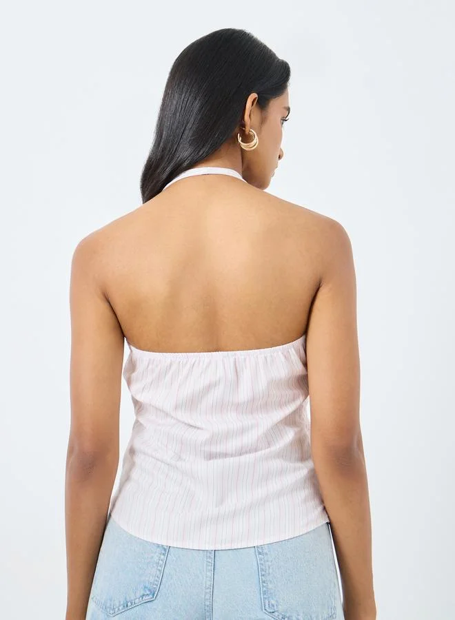 Take Two Take Two Striped Halter Neck Tie Up Detail Top