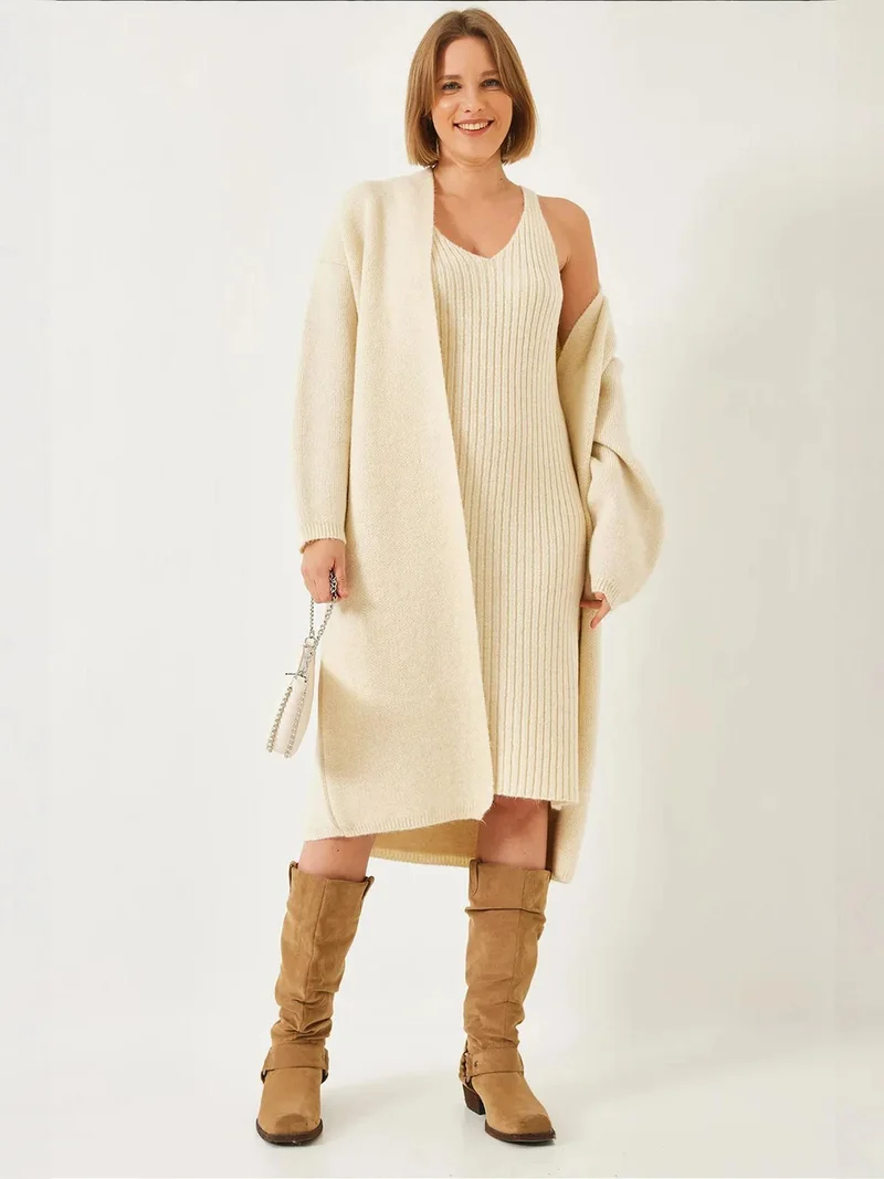 LUCCI Textured Knitwear V-Neck Cardigan-Dress Two-Piece Set