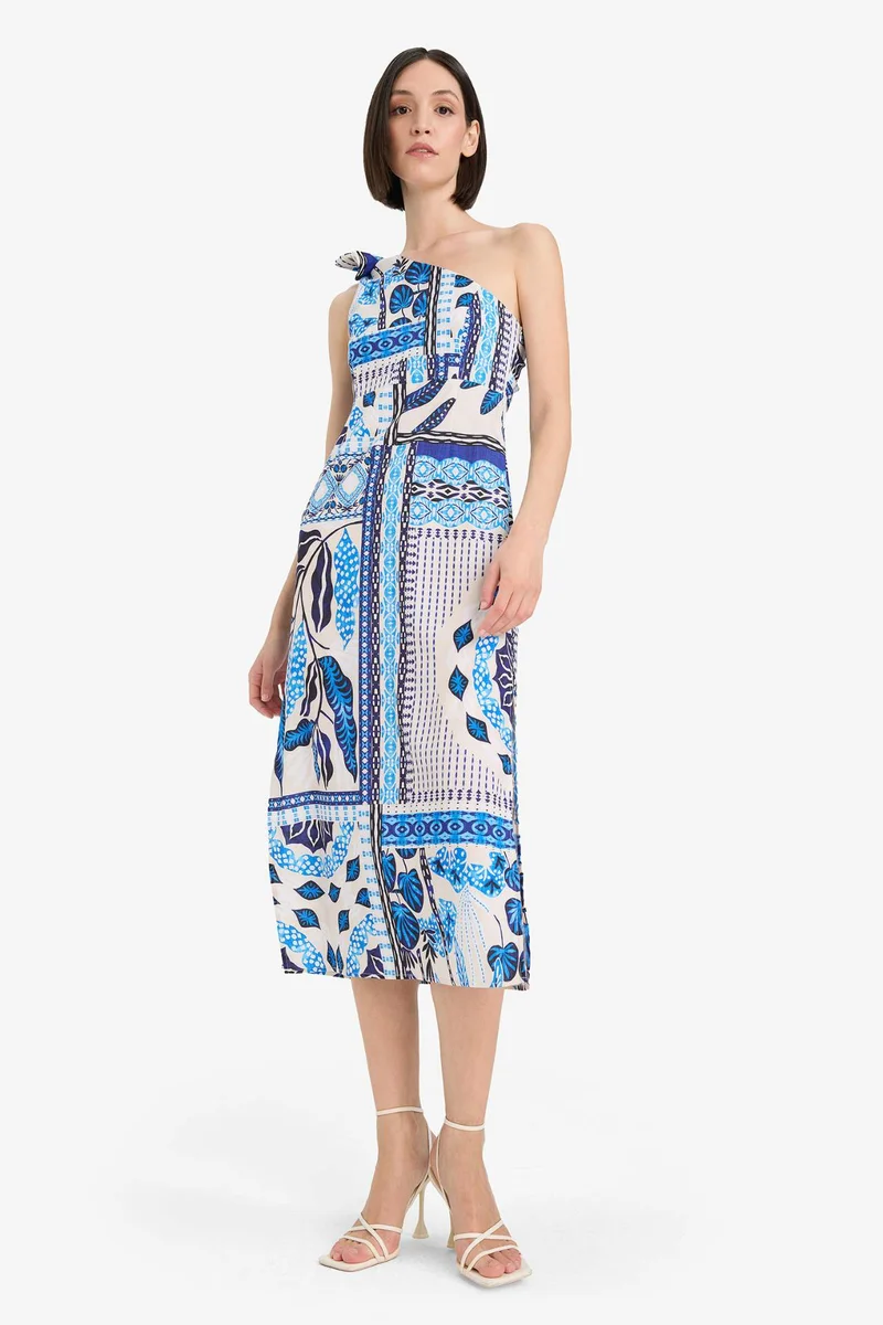 ديفاكتو Fall in Love Regular Fit Tropical Patterned One Shoulder Poplin Beach Dress