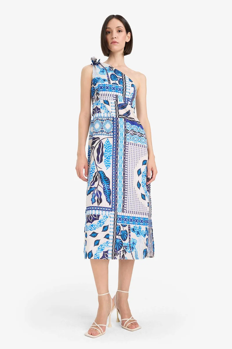 ديفاكتو Fall in Love Regular Fit Tropical Patterned One Shoulder Poplin Beach Dress