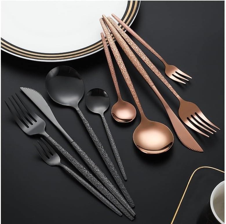 Silverware Set, 5/20/30/40/50/60-Piece Portuguese-Style Stainless Steel Cutlery Set – Hammered Spoons u0026 Forks with Tree Handles, Gift Box(Rainbow,50 Piece set for 10) - Image 4