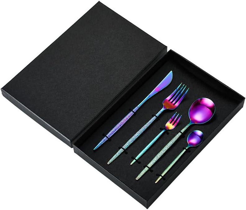 Silverware Set, 5/20/30/40/50/60-Piece Portuguese-Style Stainless Steel Cutlery Set – Hammered Spoons u0026 Forks with Tree Handles, Gift Box(Rainbow,50 Piece set for 10) - Image 1