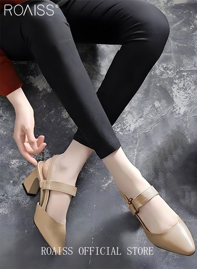 رويس صنادل نسائية أنيقة للعمل في الصيف بمقدمة مدببة وكعب سميك مع نعل داخلي مريح وتصميم أنيق للمكتب والملابس غير الرسمية ومتين وجيد التهوية لراحة طوال اليوم، لون كاكي - Image 2