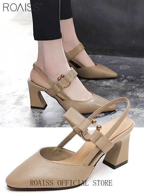 صنادل نسائية أنيقة للعمل في الصيف بمقدمة مدببة وكعب سميك مع نعل داخلي مريح وتصميم أنيق للمكتب والملابس غير الرسمية ومتين وجيد التهوية لراحة طوال اليوم، لون كاكي