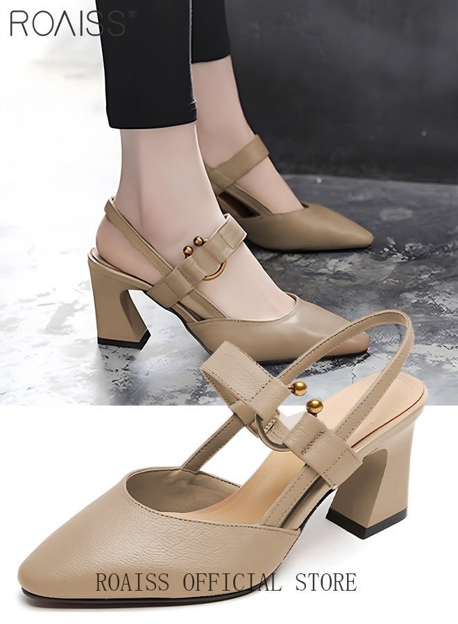 رويس صنادل نسائية أنيقة للعمل في الصيف بمقدمة مدببة وكعب سميك مع نعل داخلي مريح وتصميم أنيق للمكتب والملابس غير الرسمية ومتين وجيد التهوية لراحة طوال اليوم، لون كاكي - Image 1