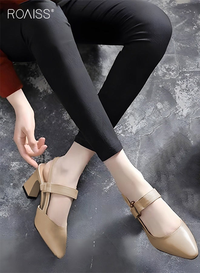 roaiss Fashion Women Office Lady Sandals Summer Pointed Toe Chunky Heel Shoes with Comfortable Footbed, Stylish Design for Office and Casual Wear Durable and Breathable for All Day Comfort Khaki - Image 2