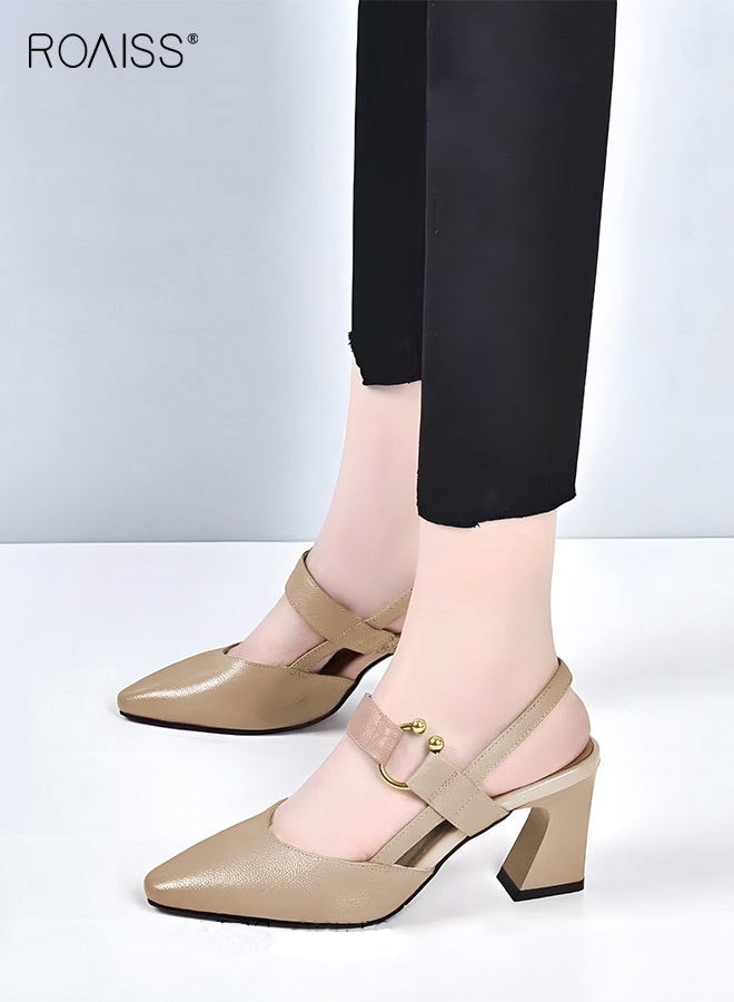roaiss Fashion Women Office Lady Sandals Summer Pointed Toe Chunky Heel Shoes with Comfortable Footbed, Stylish Design for Office and Casual Wear Durable and Breathable for All Day Comfort Khaki - Image 5