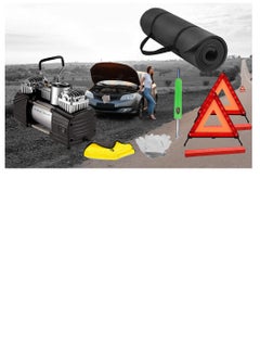 California Car Air compressor 150psi duel cylinder with Emergency Warning Triangle kit with repairing foam mat deflator towels gloves