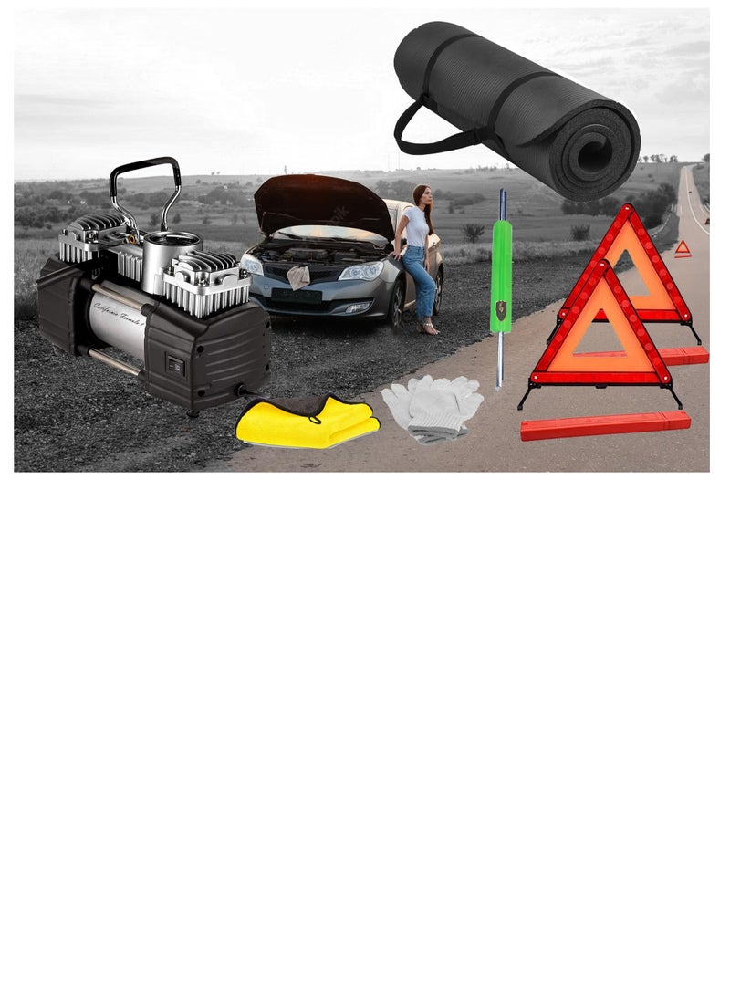 California formula-T - California Car Air compressor 150psi duel cylinder with Emergency Warning Triangle kit with repairing foam mat deflator towels gloves - Image 1