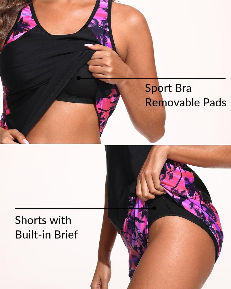 Yonique Women Tankini Swimsuit with Shorts - Tummy Control Two Piece Bathing Suit 2025 Swimwear with Sporty Pockets Pink Palm XL - Image 5