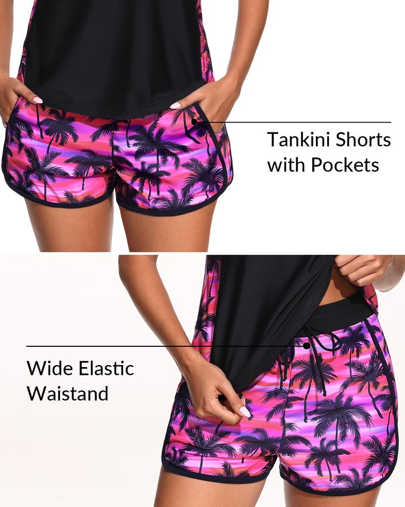 Yonique Women Tankini Swimsuit with Shorts - Tummy Control Two Piece Bathing Suit 2025 Swimwear with Sporty Pockets Pink Palm XL - Image 4