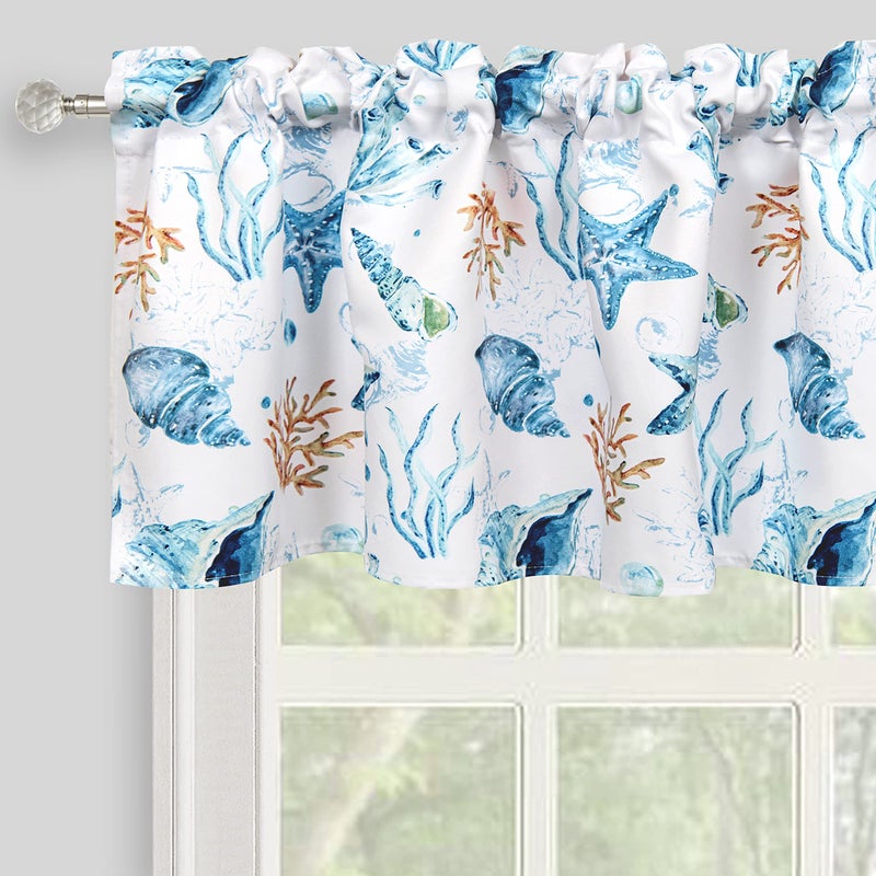 Inselnwald Coastal Curtain Valance Starfish Conch Coral Sea Ocean Creature Nautical Window Toppers Valances for Kitchen Bedroom Rod Pocket 52Wx18L Inch Blue