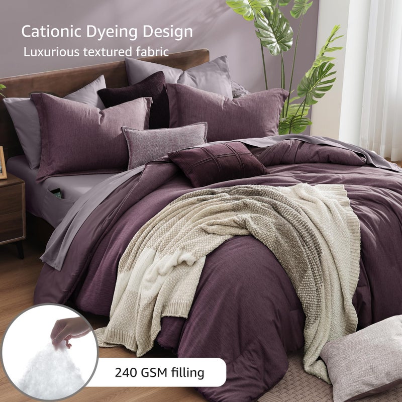 Monbix Queen Comforter Set - 7 Pieces Cationic Dyeing Italian Plum Bed in a Bag Queen Bedding Sets with Comforter, Sheets, Pillowcases & Shams, Reversible Bedding Comforters Sets - Image 3