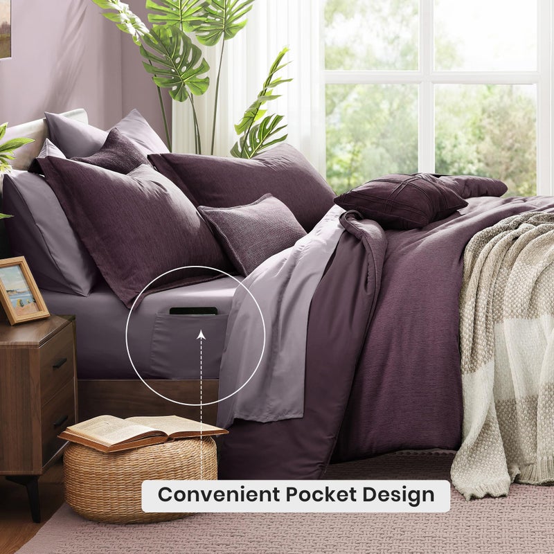 Monbix Queen Comforter Set - 7 Pieces Cationic Dyeing Italian Plum Bed in a Bag Queen Bedding Sets with Comforter, Sheets, Pillowcases & Shams, Reversible Bedding Comforters Sets - Image 4