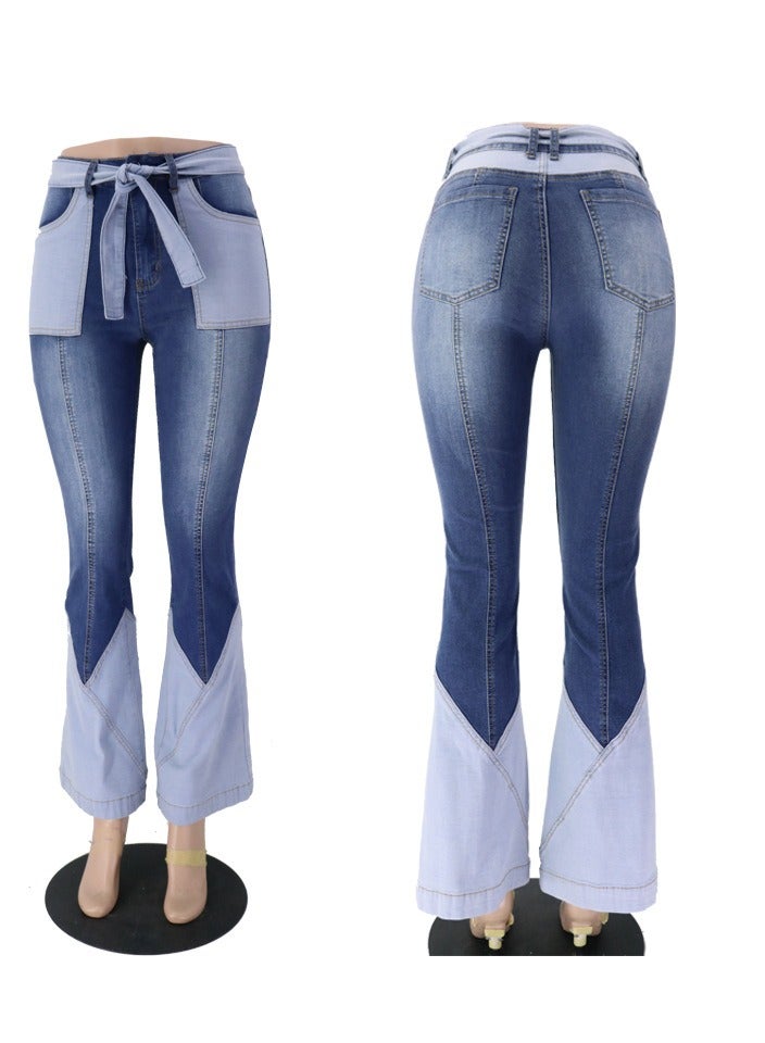 Loquat Vintage High-rise Women's Panels Of Denim Flared Trousers - Image 1