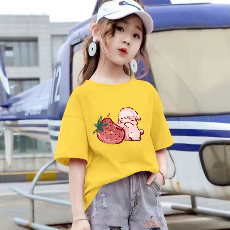 2122# Summer Girls Cotton Short-Sleeved T-Shirt Loose Casual Big Children Baby All-Match Cartoon Base Shirt Trendy - Image 1
