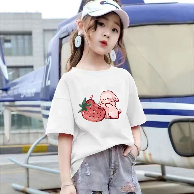 2122# Summer Girls Cotton Short-Sleeved T-Shirt Loose Casual Big Children Baby All-Match Cartoon Base Shirt Trendy - Image 2