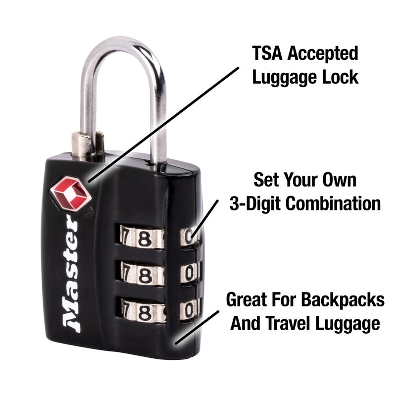 Master Lock Master Lock Black TSA-Approved Luggage Lock with Wide Lock Body and Thin, Durable Steel Shackle, Zipper Lock for Backpacks, Luggage, 4680DBLK  - Image 3