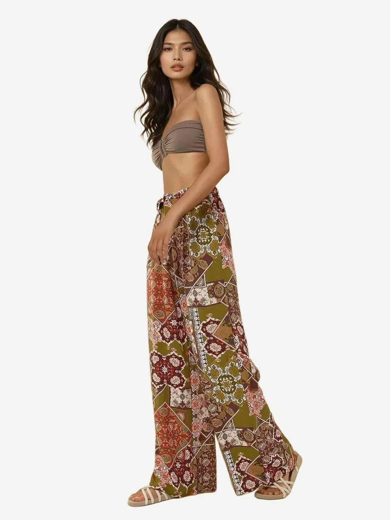Hiccup Brown Printed Wide Leg Pants with Drawstring for Women | Best Price UAE