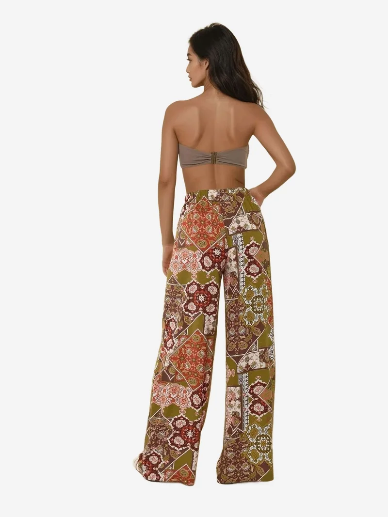 Hiccup Brown Printed Wide Leg Pants with Drawstring for Women | Best Price UAE