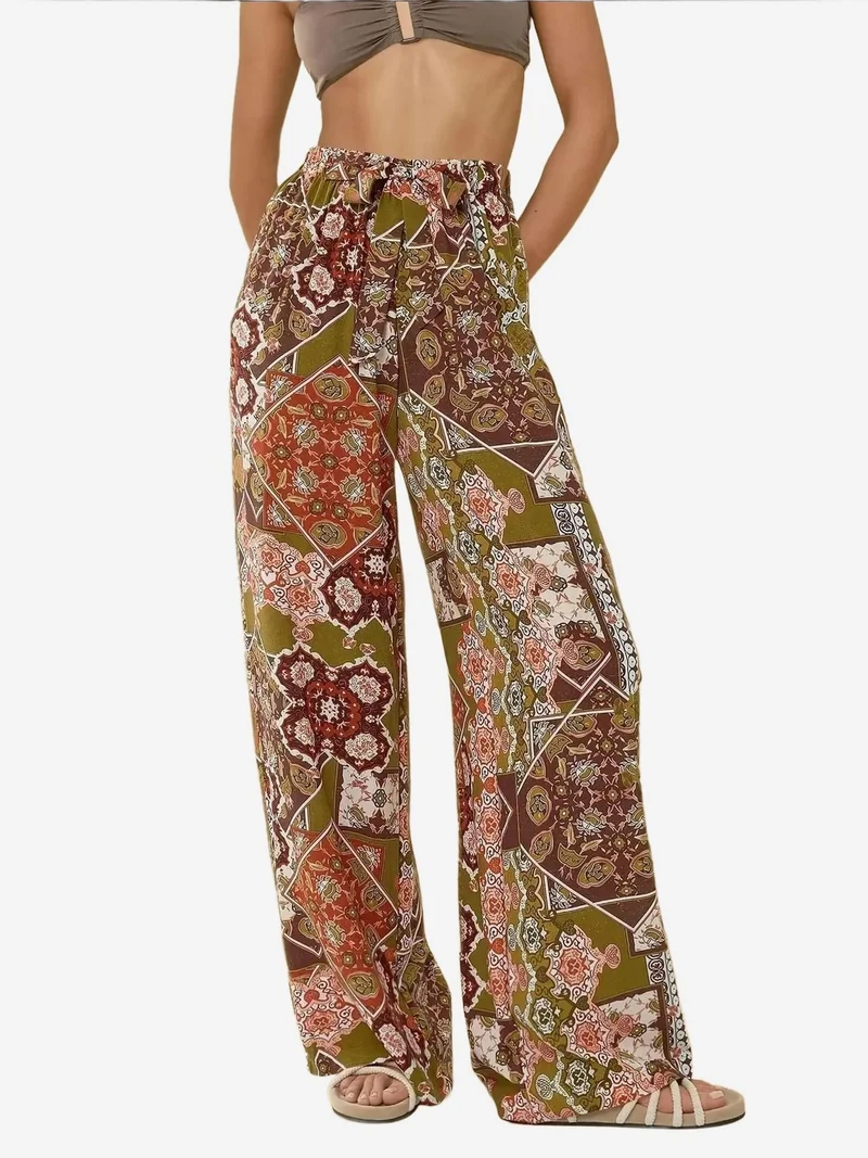 هيكاب بنطلون واسع الأرجل مطبوع برباط