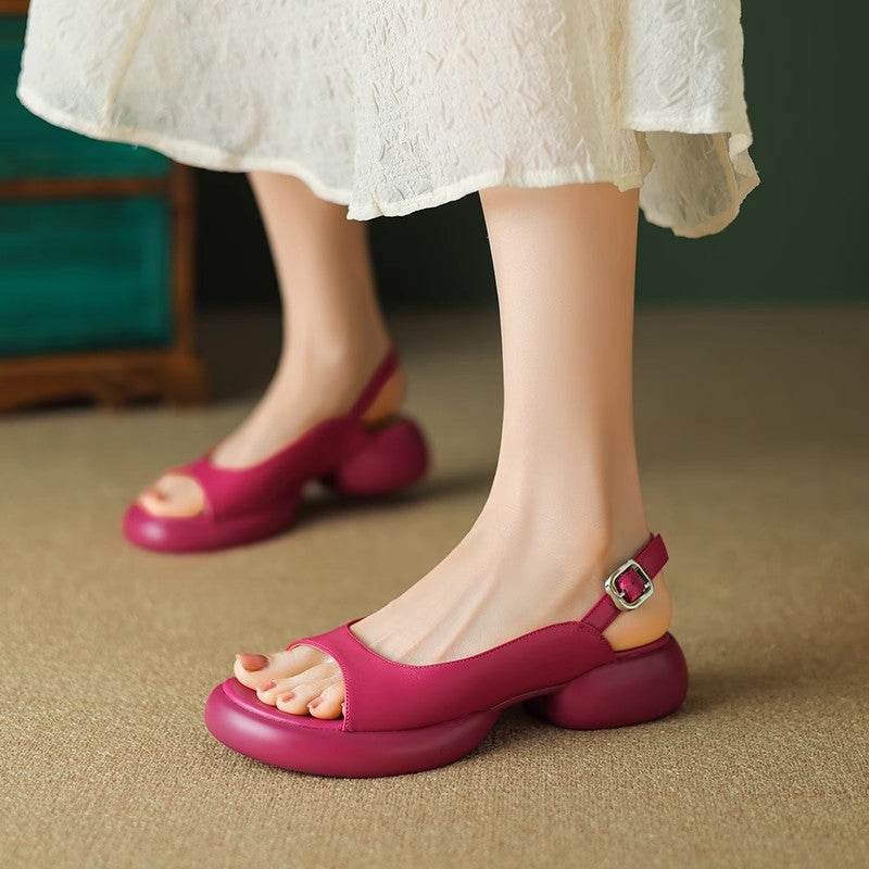 Soft Leather Round Toe Chunky Heeled Sandals - Image 3