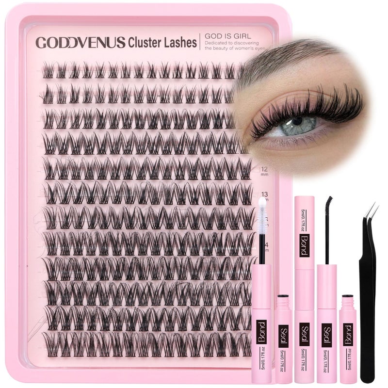 Goddvenus Lash Clusters Kit Wispy Lash Extension Kit Waterproof Lashes Clusters DIY Eyelash Clusters Kit with Natural Individual Eyelashes, Lashes Glue Bond and Seal and Lash Tweezers (D Curl 192pcs) - Image 1