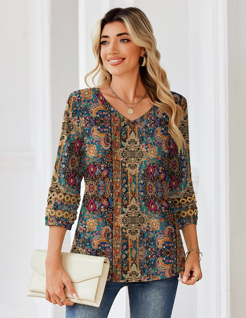 Zeagoo Trendy Women's Blouses 3/4 Sleeve V Neck T Shirts Floral Print Dressy Casual Tunic Tops Spring Clothes XL - Image 3