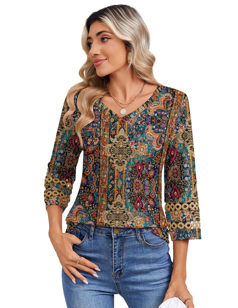 Zeagoo Trendy Women's Blouses 3/4 Sleeve V Neck T Shirts Floral Print Dressy Casual Tunic Tops Spring Clothes XL - Image 4