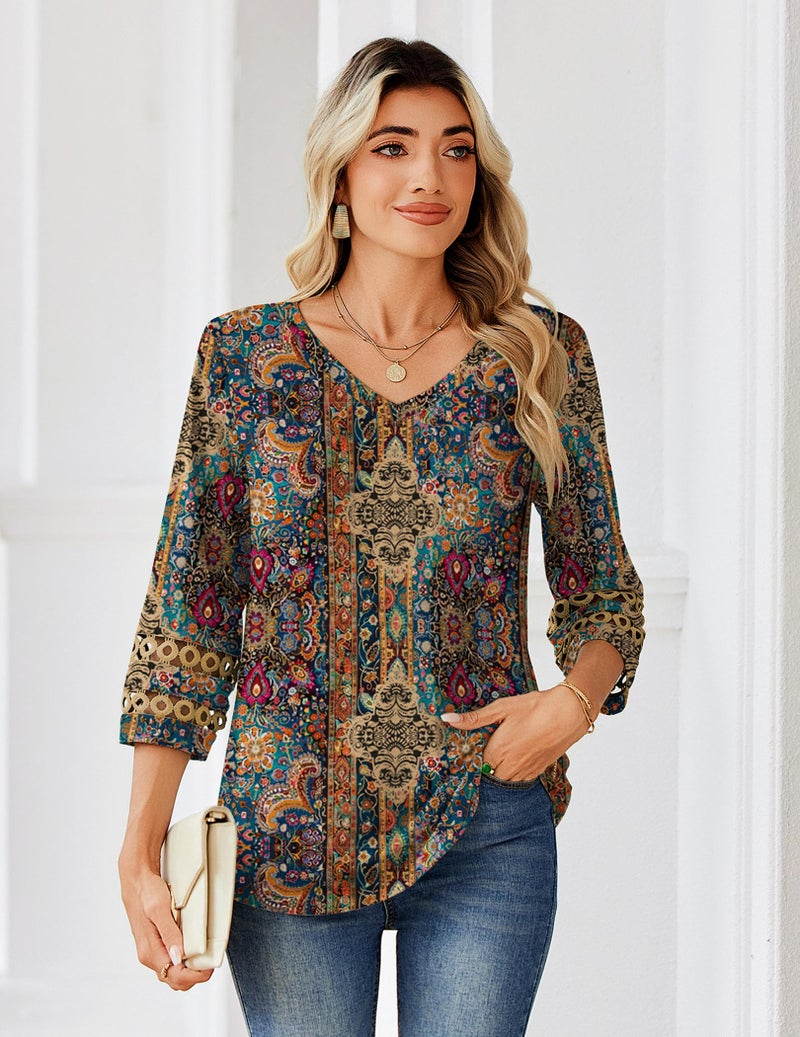 Zeagoo Trendy Women's Blouses 3/4 Sleeve V Neck T Shirts Floral Print Dressy Casual Tunic Tops Spring Clothes XL - Image 2