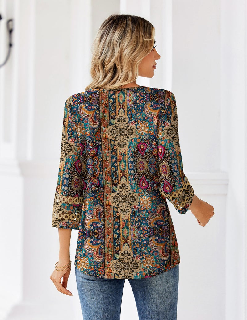 Zeagoo Trendy Women's Blouses 3/4 Sleeve V Neck T Shirts Floral Print Dressy Casual Tunic Tops Spring Clothes XL - Image 5