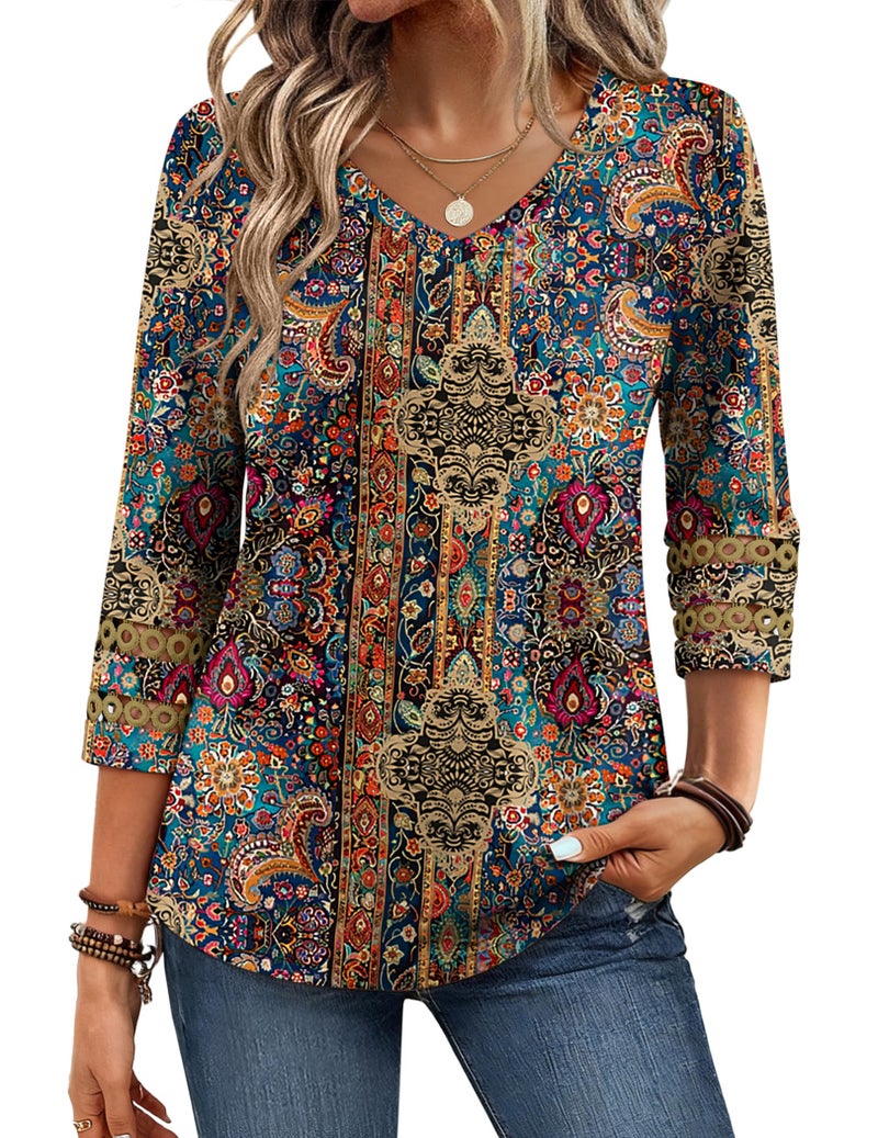 Zeagoo Trendy Women's Blouses 3/4 Sleeve V Neck T Shirts Floral Print Dressy Casual Tunic Tops Spring Clothes XL - Image 1