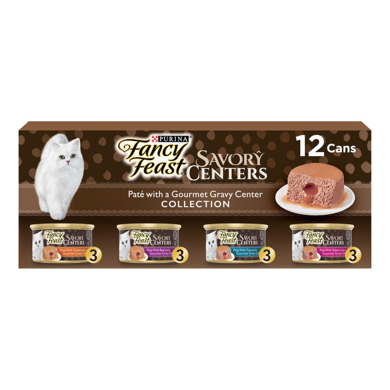 Fancy Feast Purina Fancy Feast Savory Centers Wet Cat Food Pate Variety Pack With Chicken, Salmon, Beef, and Tuna Pate with Gravy Center - (2 Packs of 12) 3 oz. Pull-Top Cans - Image 1