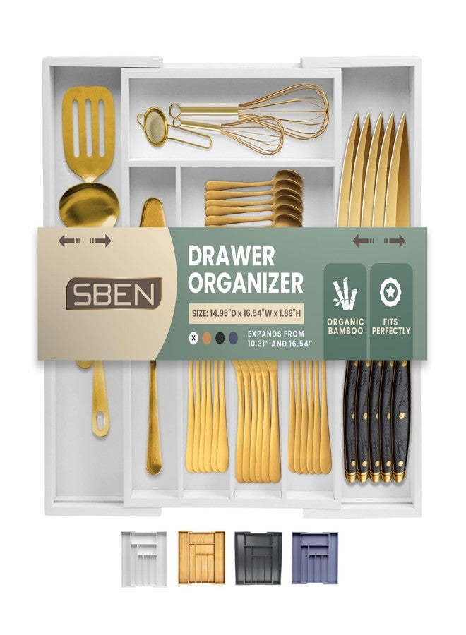 Sben Expandable Drawer Organizer for Utensils Holder, Adjustable Cutlery Tray, 6-8 Slots, Premium Wood Drawer Dividers Organizer for Silverware, Flatware, Knives for Kitchen (White) - Image 1