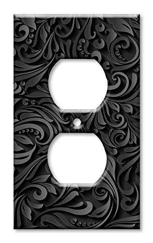 Art Plates - Duplex Black Outlet Cover Decorative Metal Wall Plate - 1 Gang Outlet Plug Cover - Black Floral (Printed Image) - Made in USA - Image 1