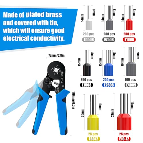 Luney Ferrule Crimping Tool Kit, LUNEY Crimper Plier with 1250PCS Wire Ferrules Kit Wire End Terminals, Self-adjustable Ratchet Tool Set for AWG 23-7 Cable connectors, 0.25-10mm² - Image 3