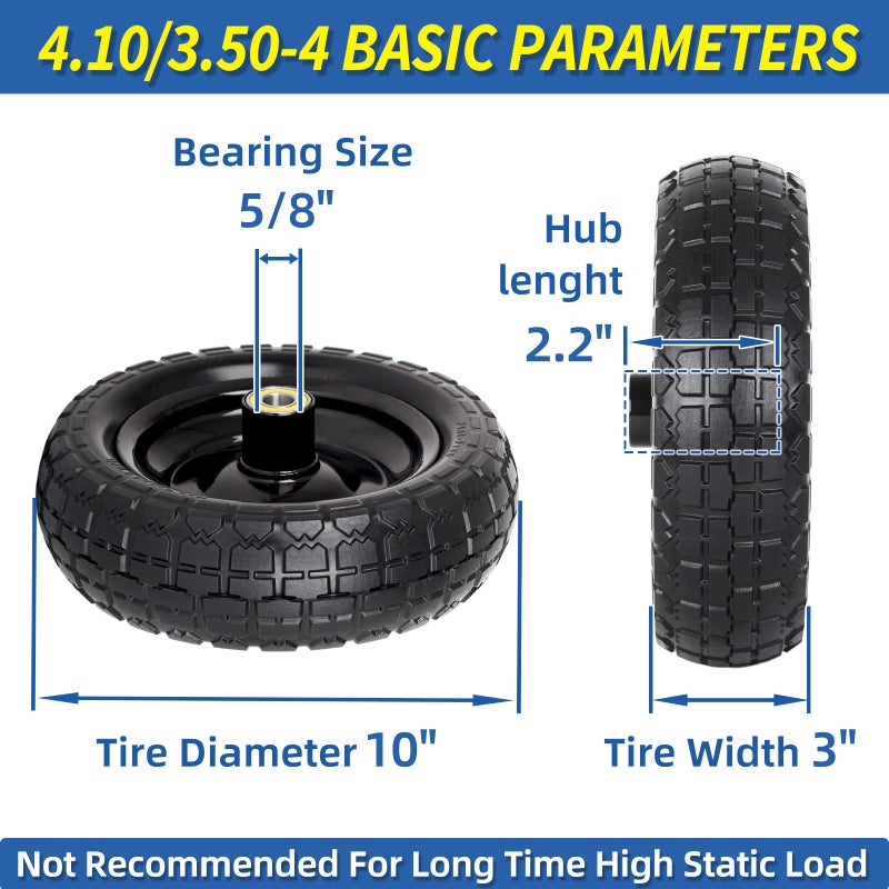 GICOOL 10" Flat-Free Solid Tire and Wheel Replacement 4.10/3.50-4, with 5/8" Axle Bore Hole, 2.2" Offset Hub, Compatible with Hand Truck Tire Garden Wagon Trolley Dolly - Image 2
