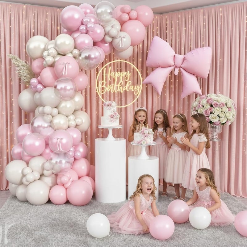 Paeyeq Double Stuffed Pearl White and Pink Balloon Arch Garland Kit, Pearl White Beige with Pink Bow Foil Balloons for Girls Women Wedding Bridal Baby Shower Bachelorette Coquette Birthday Party Decorations - Image 3