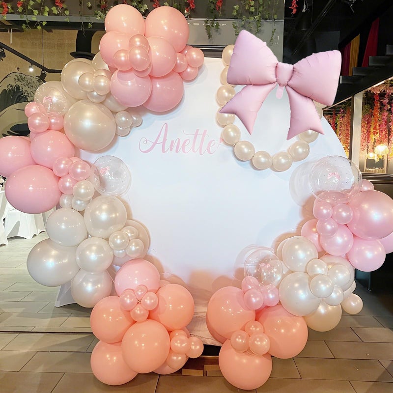 Paeyeq Double Stuffed Pearl White and Pink Balloon Arch Garland Kit, Pearl White Beige with Pink Bow Foil Balloons for Girls Women Wedding Bridal Baby Shower Bachelorette Coquette Birthday Party Decorations - Image 5
