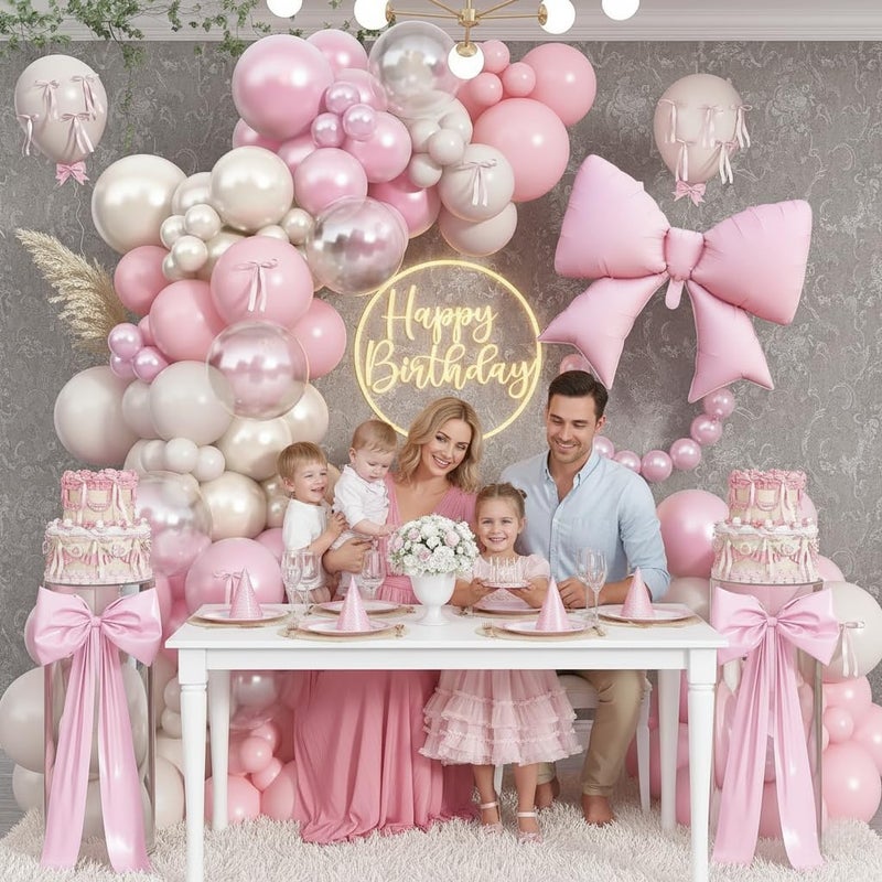 Paeyeq Double Stuffed Pearl White and Pink Balloon Arch Garland Kit, Pearl White Beige with Pink Bow Foil Balloons for Girls Women Wedding Bridal Baby Shower Bachelorette Coquette Birthday Party Decorations - Image 4