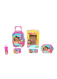 MARVEL 5-Piece Masha and the Bear Printed Zipper Closure Telescopic Handle Trolley Backpack Set Multicolor 14 x 42 x 31 cm FKVP-02221 