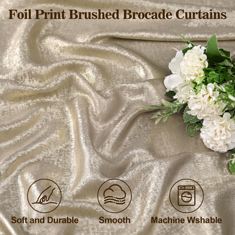 FRAMICS Champagne Curtains for Living Room, Silver Foil Print Curtains 84 inch Long, Light Filtering Drapes for Bedroom, Rod Pocket Window Treatments for Christmas Decor, 52x84 inch - Image 5