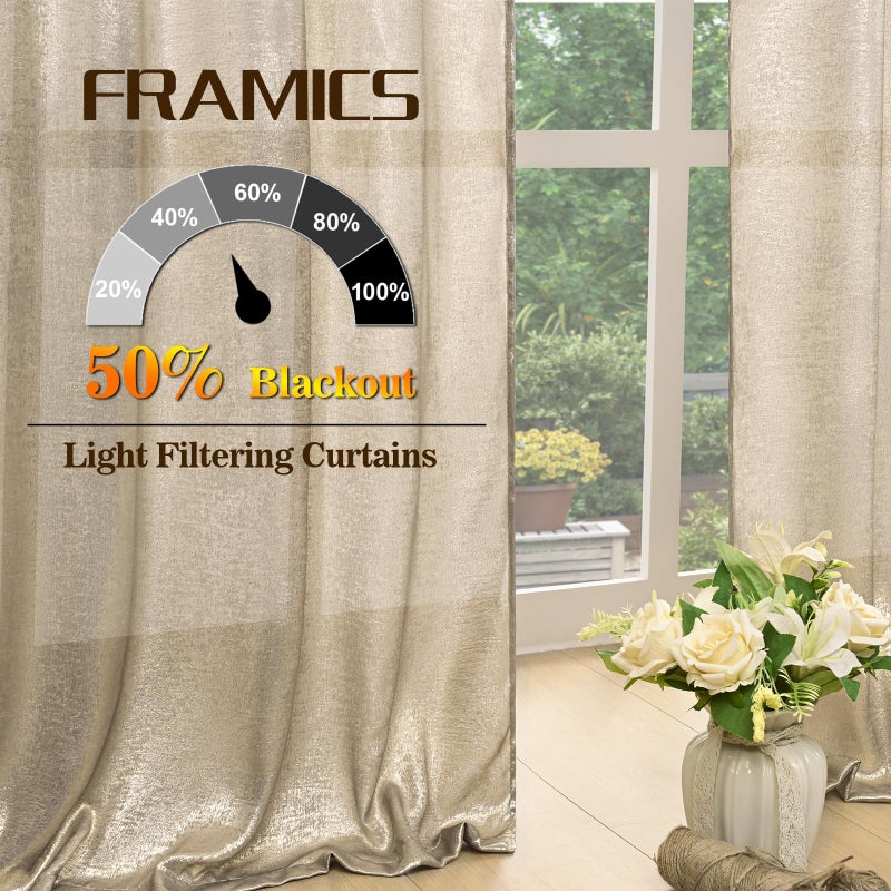 FRAMICS Champagne Curtains for Living Room, Silver Foil Print Curtains 84 inch Long, Light Filtering Drapes for Bedroom, Rod Pocket Window Treatments for Christmas Decor, 52x84 inch - Image 4